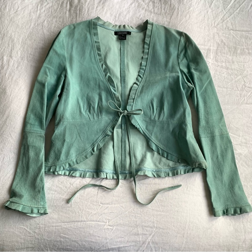 Vintage Karen Kane Suede Leather Ruffle Open Tie Jacket Blue Turquoise Aqua Y2K